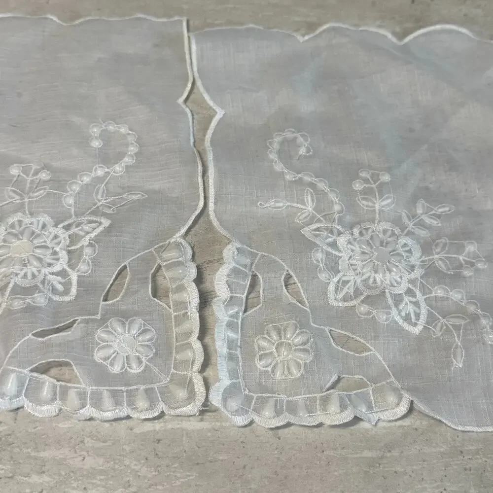 Vintage Handmade Beaded Pearl Embroidered Organza Fabric 2 Napkins Set